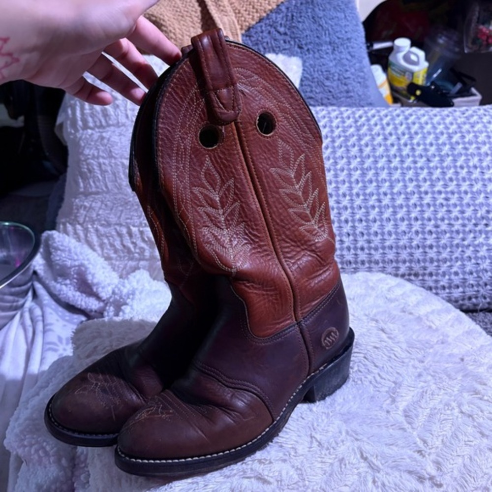 Double H Brown Leather Cowboy Boots Western Stitching Womens 6 W Wide‎